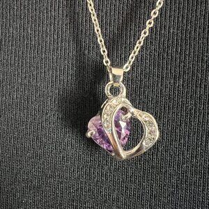 Double Heart Purple and Silver Heart Necklace
